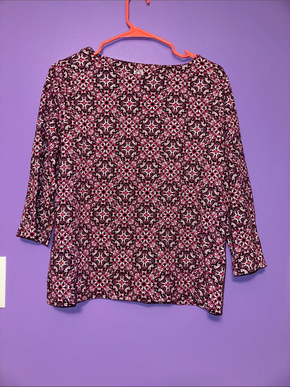 croft & barrow Pink and Black Floral-Print 3/4 Sleeve Top